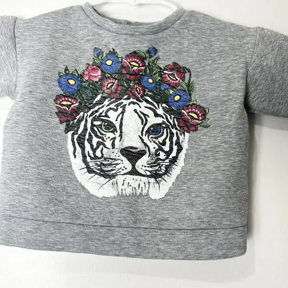 Gucci Children Tiger Floral Printed Grey Cotton Sweater Size 9/12M